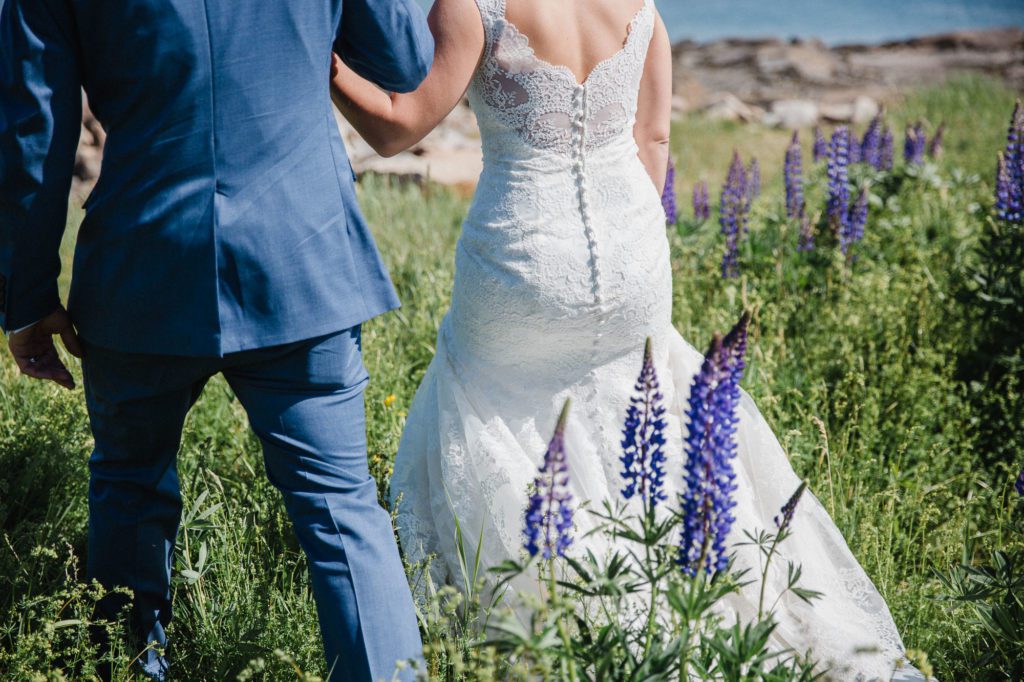maine wedding photographer, bar harbor wedding photographer, maine tinker photography, family photographer in maine, country wedding, dad first look, ceremony flowers and decor, lupine