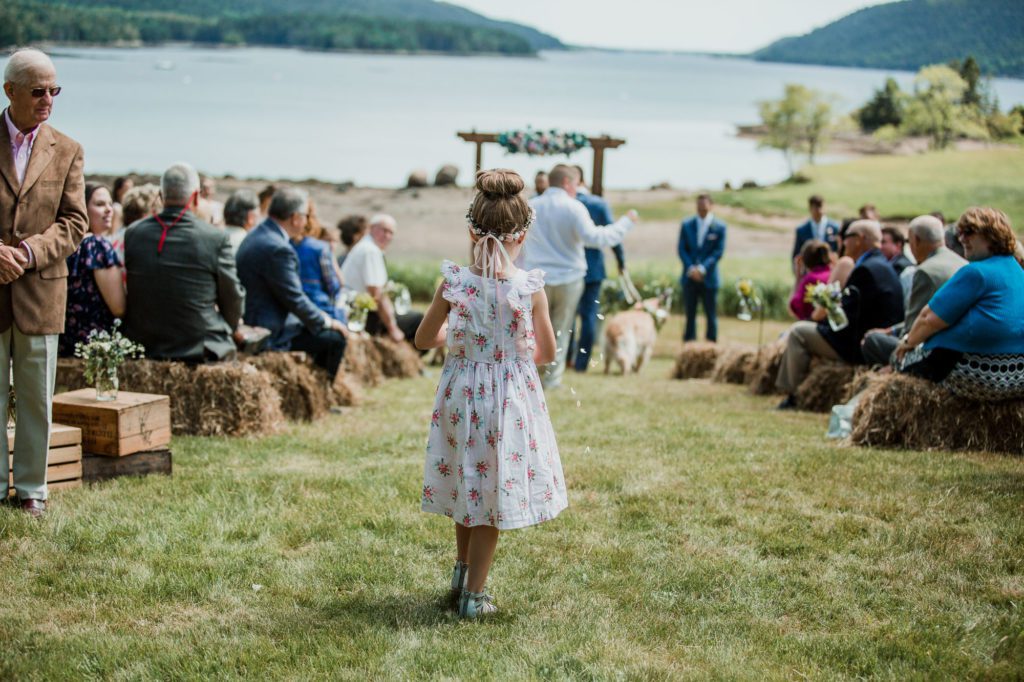 maine wedding photographer, bar harbor wedding photographer, maine tinker photography, family photographer in maine, country wedding, dad first look, ceremony flowers and decor